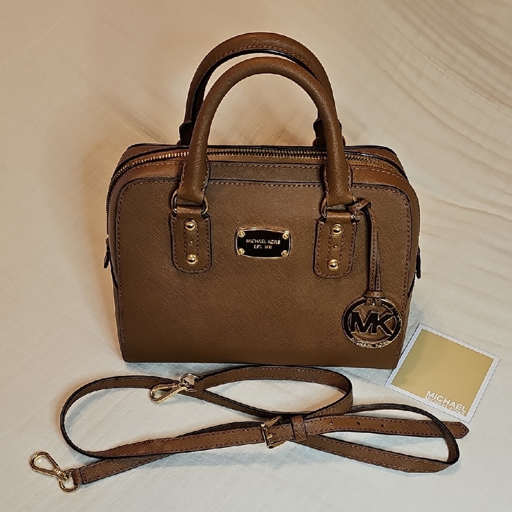 Michael Kors Small Satchel Saffiano Leather Acorn Brown With Crossbody Strap